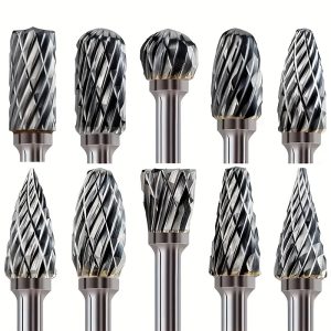 10pcs, Suitable For: Electric Drill, Grinder Surface Recommended Metal Stone, Wood, Head Type Round, Flat, Oval Double Cut Tungsten Carbide Grain Set Carbide Open Ring Tungsten Steel Grain Compatible With Rotary Tools